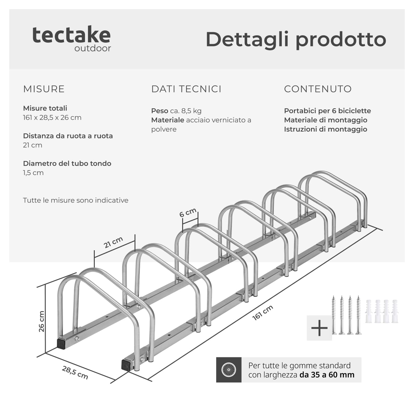 Rastrelliera Biciclette Acciaio 6 Posti Portabici Modulabile Argento