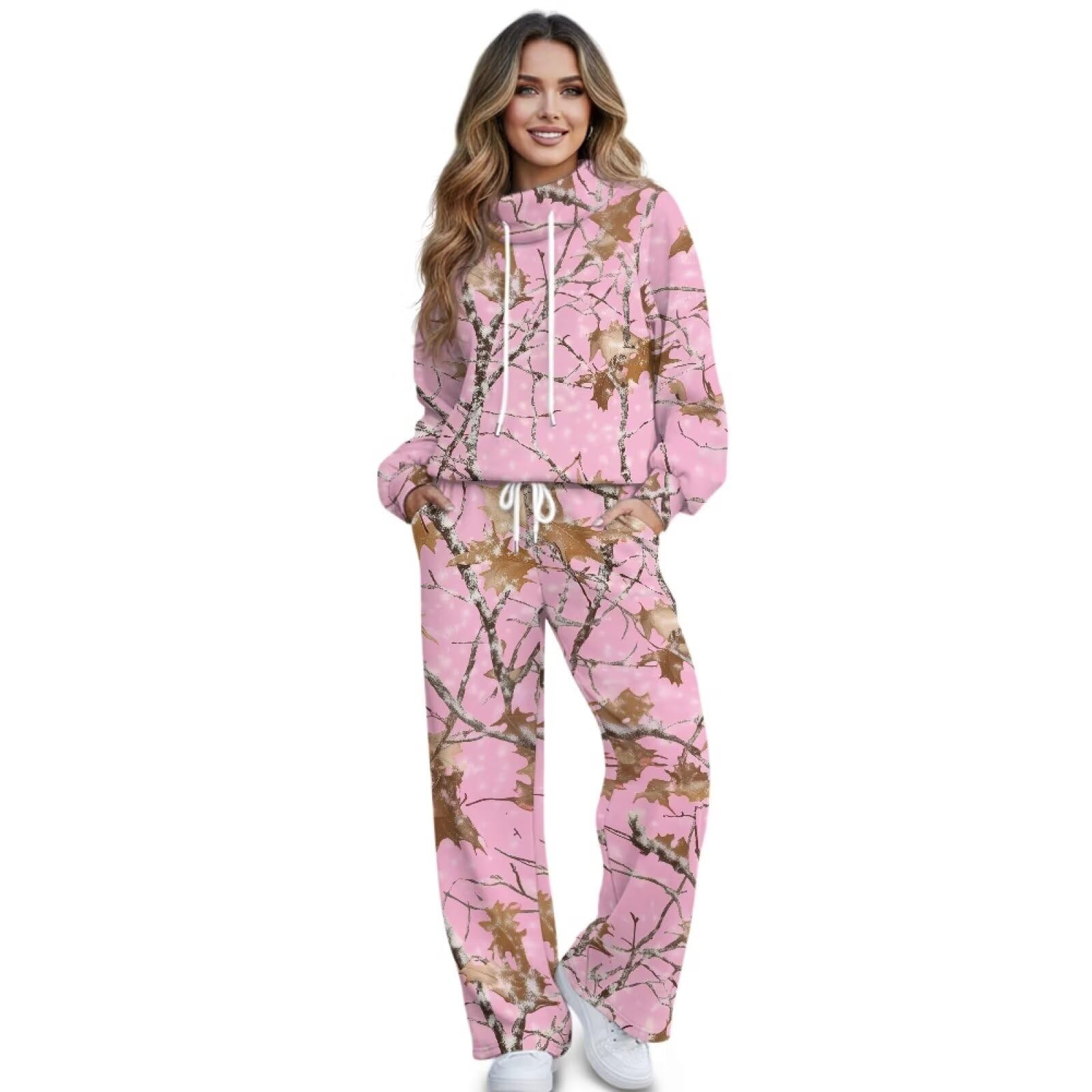 SEANATIVE Conjunto de sudadera de cuello alto de 2 piezas con pantalones deportivos de pierna ancha a juego, conjunto de descanso de gran tamaño para mujer, conjunto de chándal de talla grande, Caza