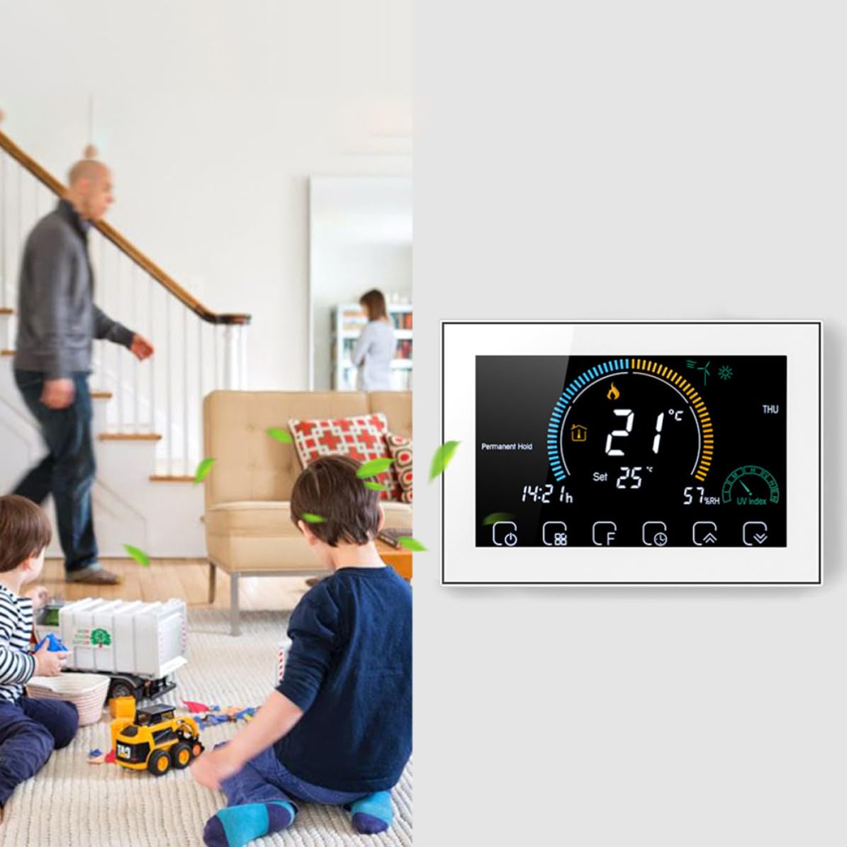 KICHOUSE Intelligentes WLAN Thermostat mit LCD Touchscreen Programmierbarer Temperaturregler für Haushalt 5a Kapazität Weißes PC Abs Gehäuse Einfache Bedienung