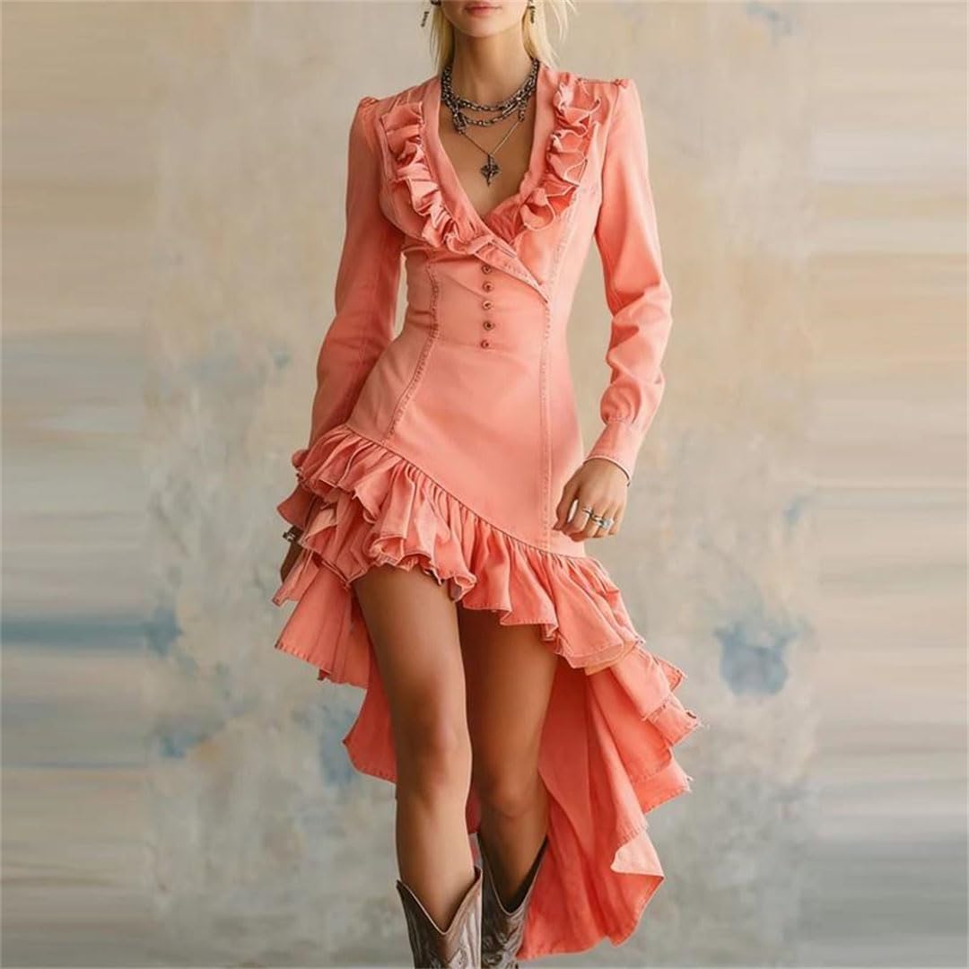 Women Elegant Ruffled Waist Pleat Irregular Slim Party Sexy V-Neck Long Sleeve Wash Denim Dress