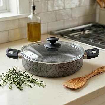 Papilla 24 cm Karnıyarık Tenceresi - İç ve Dış Karemel ve Gümüş Renk Magma Desenli Cam Kapaklı Sığ Tencere (GÜMÜŞ)