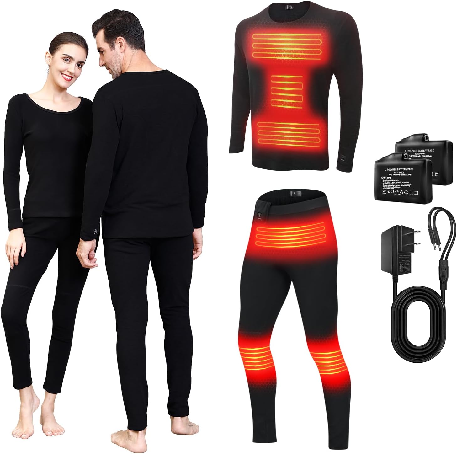 J JINPEIHeated Thermal Underwear Set, Men Women Electric Long Sleeve Long Johns Ultra-Soft Base Layer, Heated Clothes Pants for Cold Weather-Black (XL)