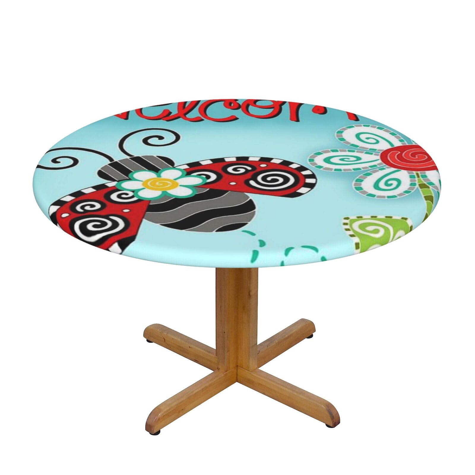 Ffshkowe Ladybug Flower Elastic Round Tablecloth Oil Proof Table Cover For Dining Party Picnic