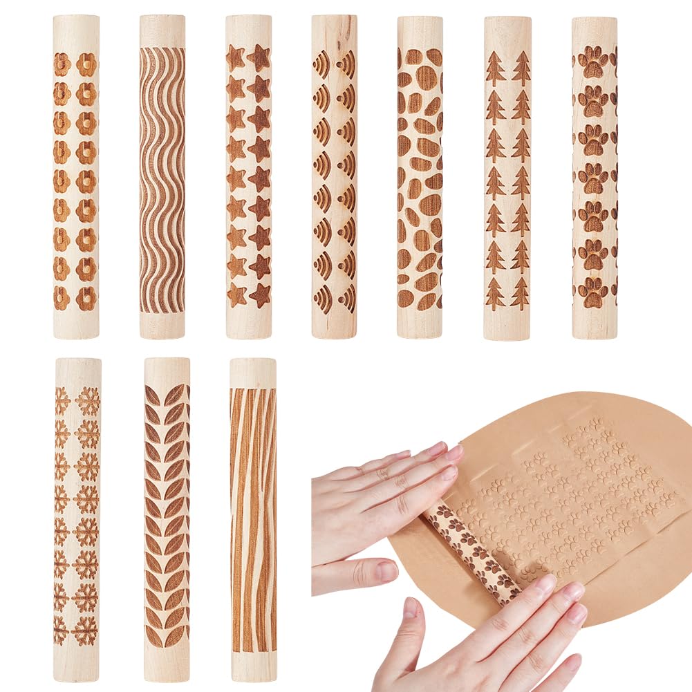 NBEADS 10 Pcs 10 Styles Clay Texture Rollers, Ceramics Potters Stamp Roller Tools Textured Rolling Pins for Slab Building Sculpting Handmade Craft Art DIY Design, 11.1x1.6cm