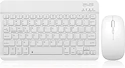 Conjunto de teclado e mouse Bluetooth recarregável, portátil, sem fio, conjunto para Apple iPad, iPhone iOS 13 e acima, Samsung, tablet, smartphone, Android, Windows (branco de 10 polegadas)