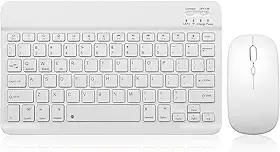 Conjunto de teclado e mouse Bluetooth recarregável, portátil, sem fio, conjunto para Apple iPad, iPhone iOS 13 e acima, Samsung, tablet, smartphone, Android, Windows (branco de 10 polegadas)