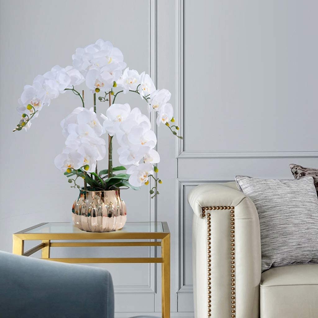Juego de flores artificiales, jarrón dorado, orquídea blanca Pu Phalaenopsis, jarrón falso, planta en maceta para sala de estar, decoración para el hogar (blanco)