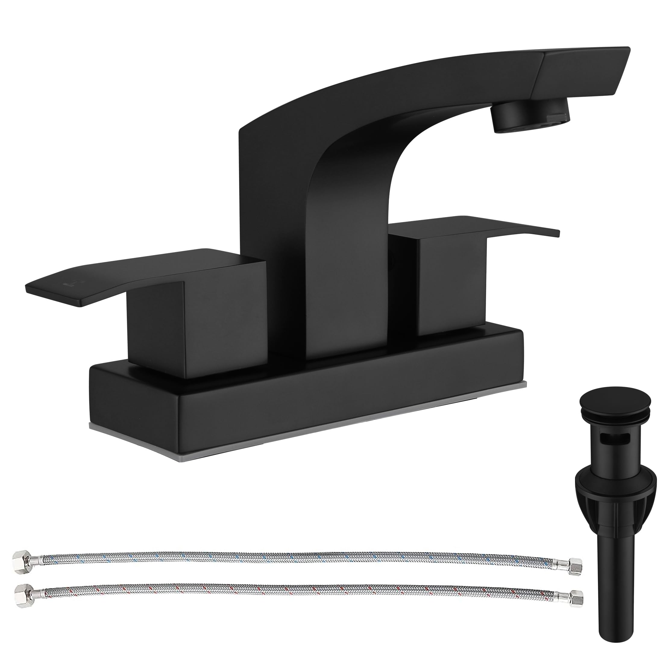 WiPPhs Centerset Bathroom Faucet, Stainless Steel Black Sink Faucet Bathroom with Pop Up Drain and cUPC Supply Hose, 2 Handle 4 inch Center-Set Bathroom Sink Faucet Matte Black 2 Hole