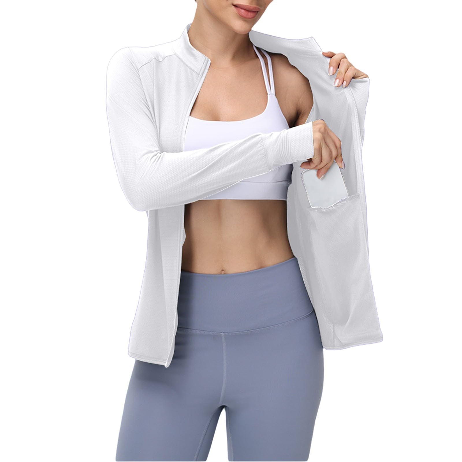 Giacca di protezione solare da donna con zip integrale UPF 50+ camicia di protezione solare UV abbigliamento leggero a maniche lunghe con fori per i pollici