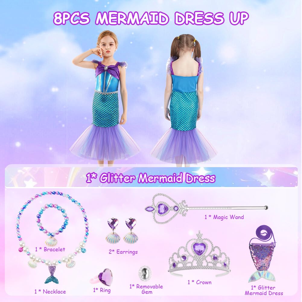 AYBUY Vestito Sirenetta Bambina, Sirena Principessa Vestito con Corona Scettro e Gioielli della Collana, Costume da Principessa Sirena Bambina per Halloween, Natale, Compleanno, Cosplay