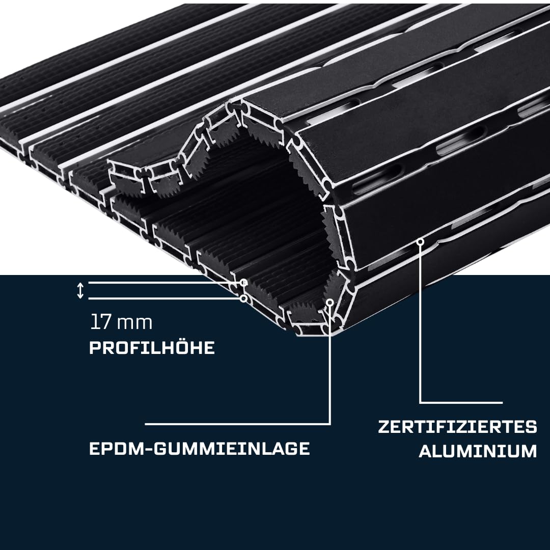 Aluminium Fußmatte für Türen mit Rahmen, 100x50 cm, Verstärkt 17 mm, Gummi-Einlage, Objektgeeignete Eingangsmatte für Innen & Außen, Witterungsbeständig, Schwarz