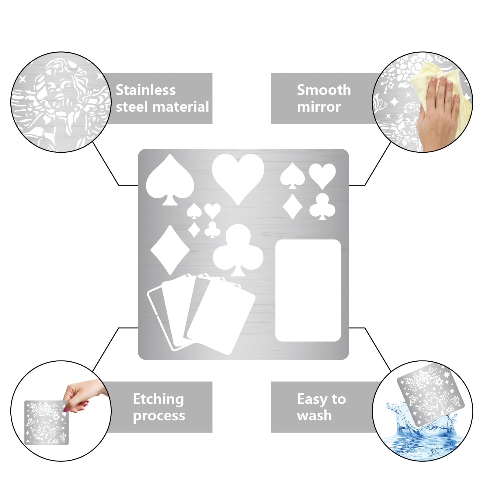 FINGERINSPIRE Pochoirs En Métal Pour Cartes à Jouer - 15,2 Cm - Carrés - Scrapbooking - Dessin - En Acier Inoxydable - Motif Cœur - Pelle - Club - Motif Diamant - Pour Gravure, Pyrogravure, Journal