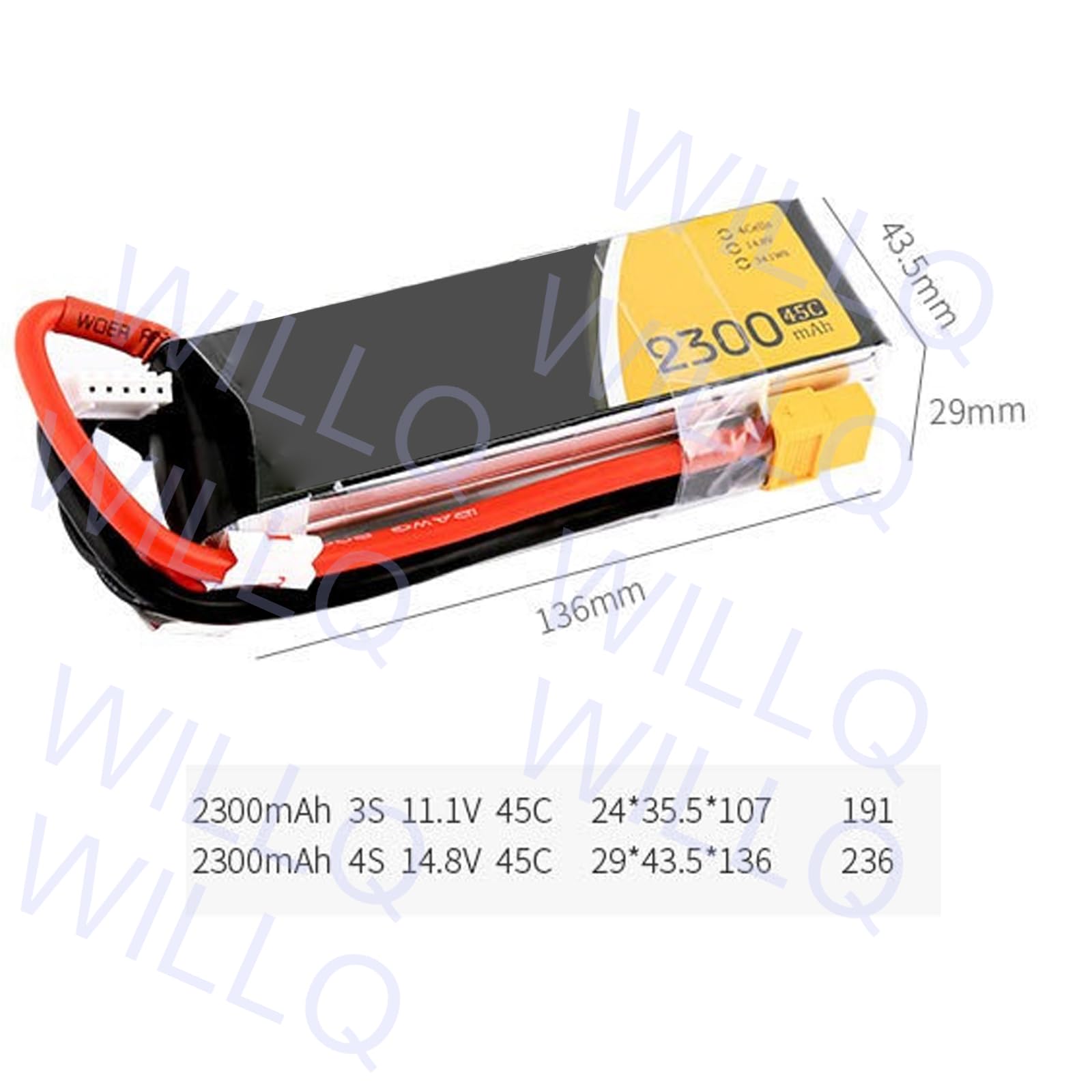 Batteria LiPo da 2300 mAh 3S 11,1 V/4S 14,8 V 45C con connettore XT60 per droni FPV, quadricotteri, elicotteri, Aerei, Auto, Camion, Barche e Altri Modelli RC.