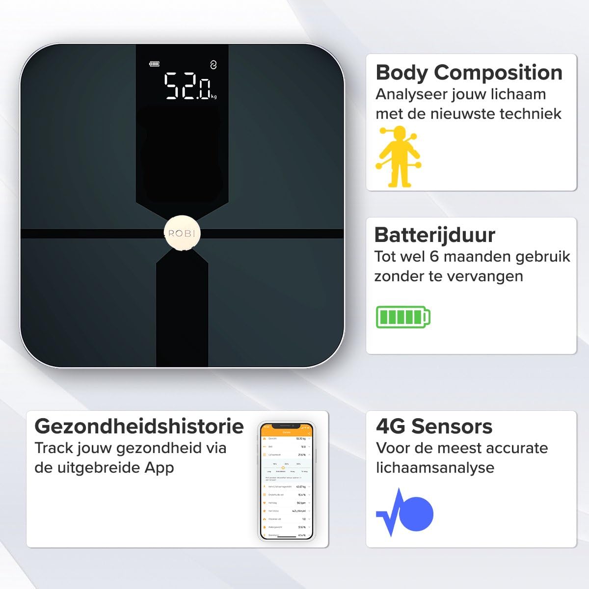 Báscula de baño Robi S6 - Báscula inteligente para análisis corporal, monitor de grasa corporal, IMC, masa muscular, porcentaje de humedad, báscula de baño con peso digital, sincronización de