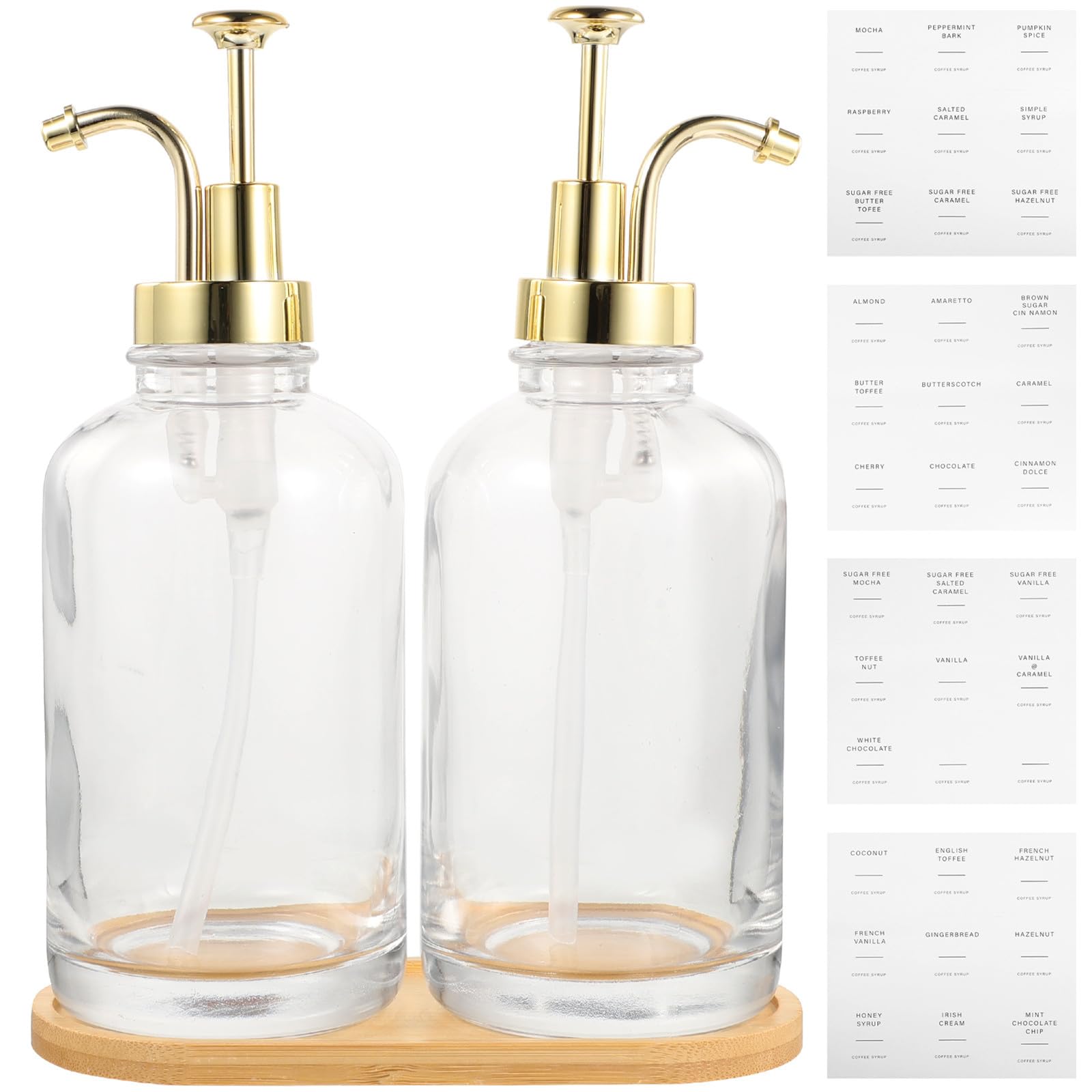 INOOMP Juego de 2 Botellas Dispensadoras de Jarabe de Vidrio Bomba, Color Dorado, Tapa Antigoteo, Bandeja Incluida, para Cafetería, Hogar y Bar, Dispensador Multiusos para Jarabes