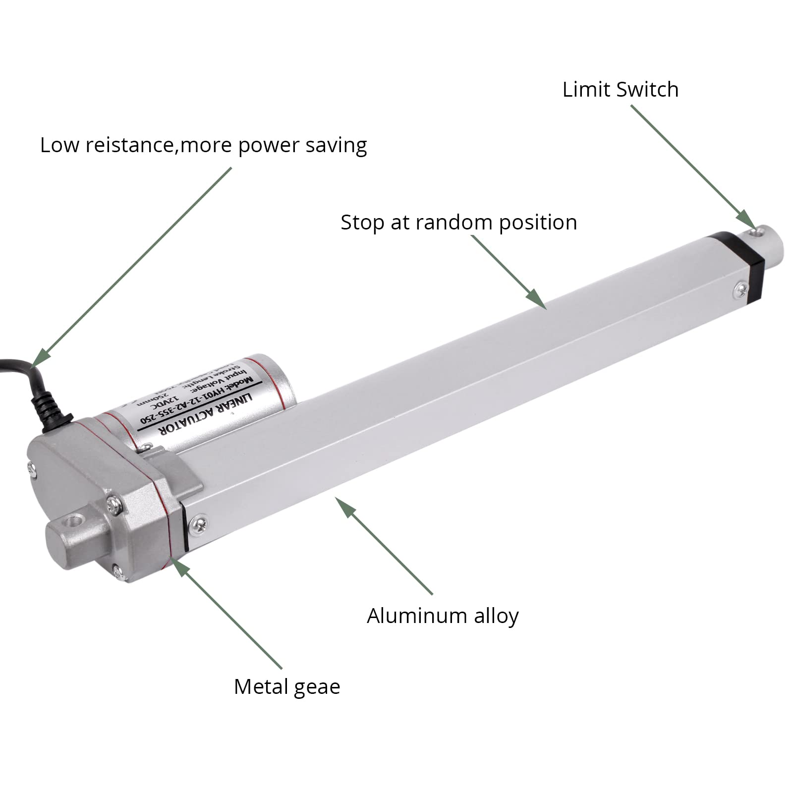 Moteur d'actionneur linéaire, 750 N 25,4 cm, 250 mm maximum, 79,4 kg, 12 V CC pour ouvre-porte électrique, machines industrielles, agricoles, nettoyage des véhicules, navires et fenêtres