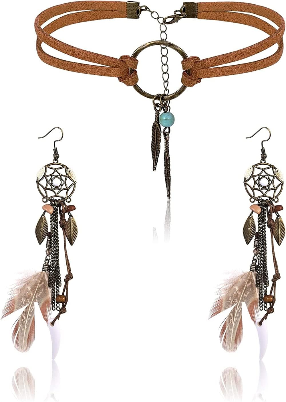 Jewelry Leather Choker Necklace Bohemian National Style Earring Set for Women Handmade Dream Catcher Long Faux Feather Drop Dangle Fashion Earrings Retro Necklace Set for Gifts