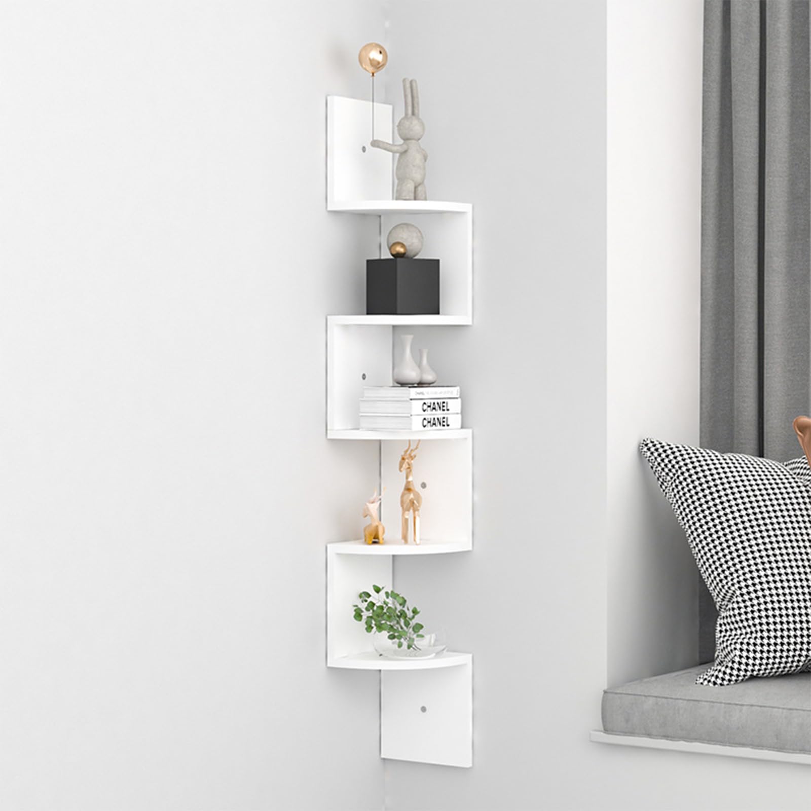 5-Tier Floating Corner Shelves, Zigzag Shape Wall Shelf Corner Shelf Unit, 122cm Tall Wooden Shelving Bookcase Storage Display Rack White
