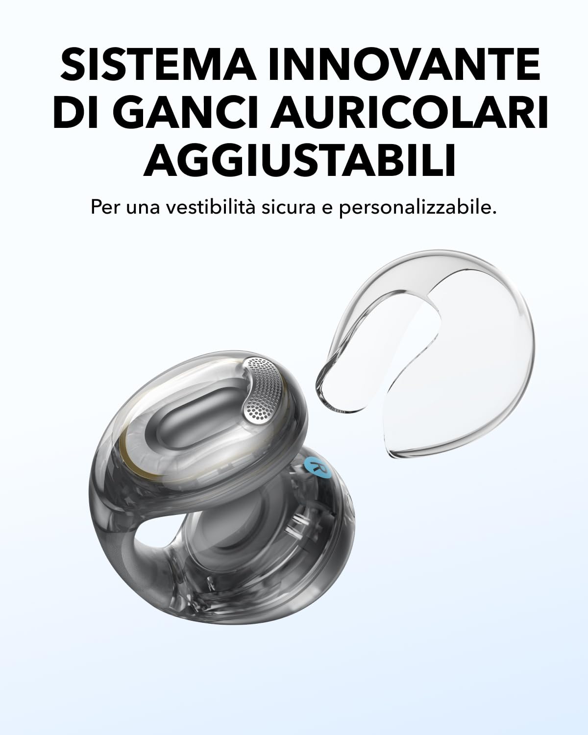 soundcore C40i di Anker, Auricolari open-ear, cuffie clip-on, design flessibile, controlli a pulsanti, comfort leggero, vestibilità stabile, supporti auricolari intercambiabili,driver con suono chiaro | Design flessibile, comandi a pulsante, comfort legge