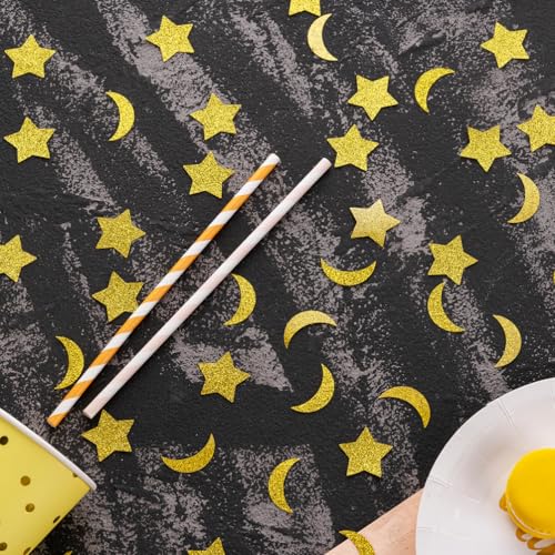 Image of MOWO Gold Confetti Star and Moon Table Decoration, 1.2'', 200pc | Wedding Birthday Eid Party Decoration, baby shower, graduation