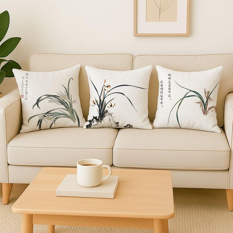 Chinese Orchid-Inspired Pillow Covers: Digitally Printed on Linen, Equipped with Invisible Zippers, (24 * 32inch,LHY-C)