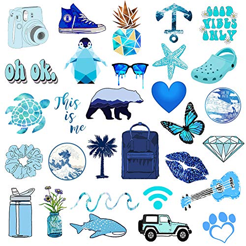 VSCO Stickers for Hydro Flask , 50 pcs Blue Waterproof Water Bottle Stickers for Hydroflasks, Laptop, Phone, Luggage, Skateboard, Guitar, Cute Vinyl Trendy Aesthetic Stickers for Girls, Kids, Teens