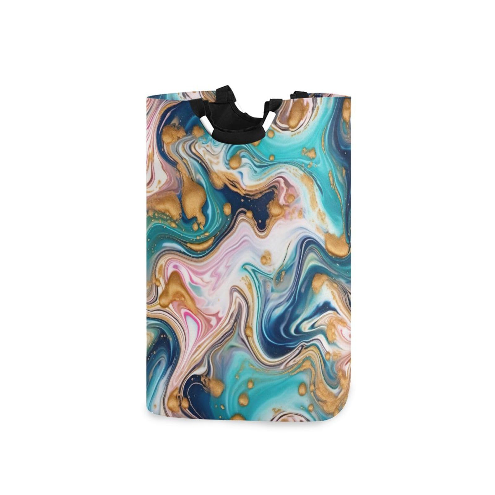 Jihqo Laundry Hamper Basket Abstract Marble Blue Collapsible Nursery Storage Bin Waterproof Clothing Baskets for Home Bedroom Bathroom Washing Room