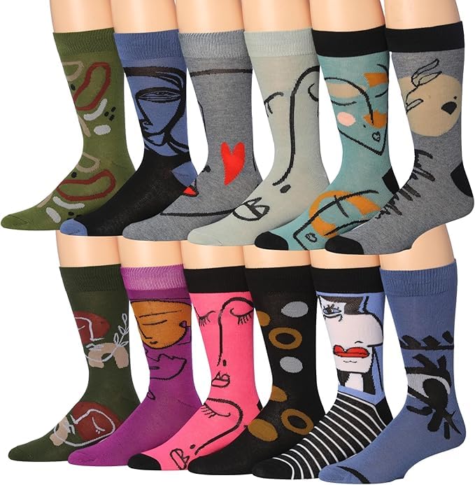JAMES FIALLO Dress Socks for Men, Casual Colorful Fun Novelty Fashion Patterned Men's Dress Socks, Pack of 12 Super Soft