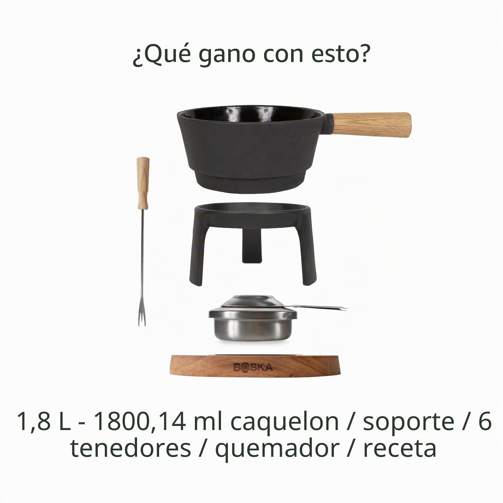 BOSKA Juego de fondue Pro L - Juego de fondue de alta calidad - Juegos de fondue de queso - Olla de fondue de hierro fundido - Adecuado para cualquier estufa - Incluye 6 tenedores de fondue de madera