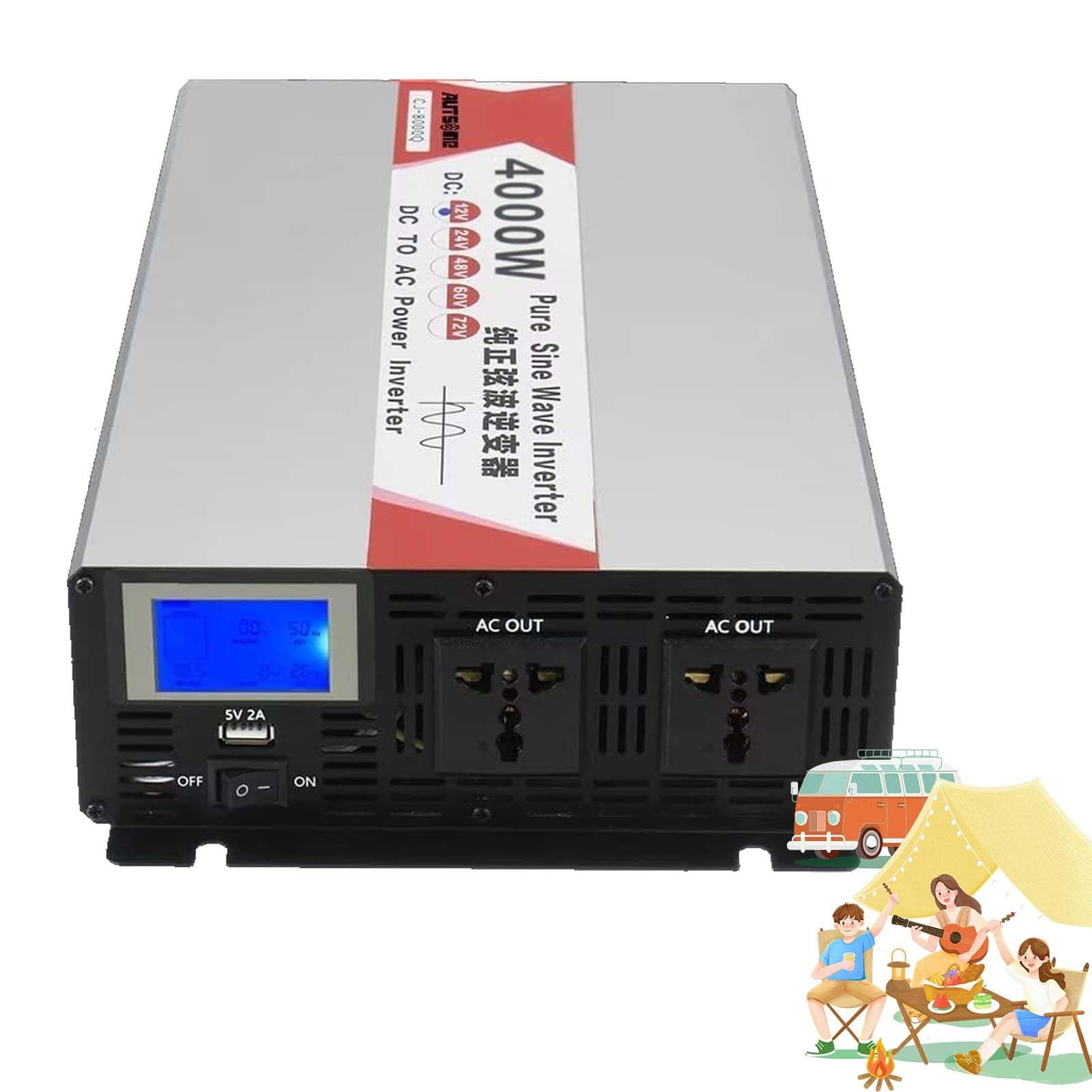 Przetwornica czystego sinusa, 2000W (szczyt 4000W), konwerter 12V/24V/48V/60V DC na 120V/240V AC, przetwornica samochodowa z 2 gniazdami, do domu, kampera, ciężarówki, off-grid solarny 60V