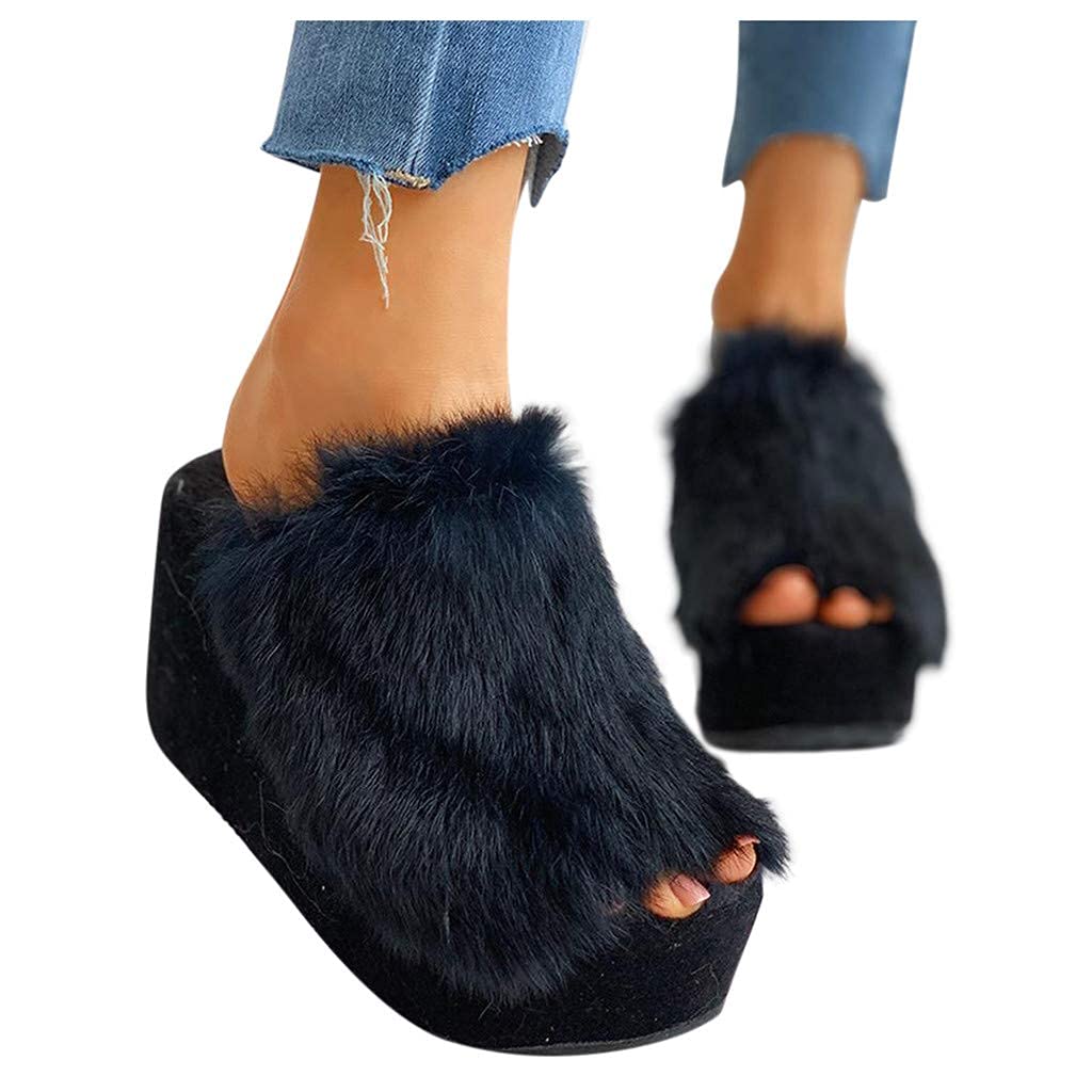 ZBYY Plush Slippers for Women Fluffy Summer Open Toe Wedges House Slippers Indoor or Outdoor Platforms Slides Slipper