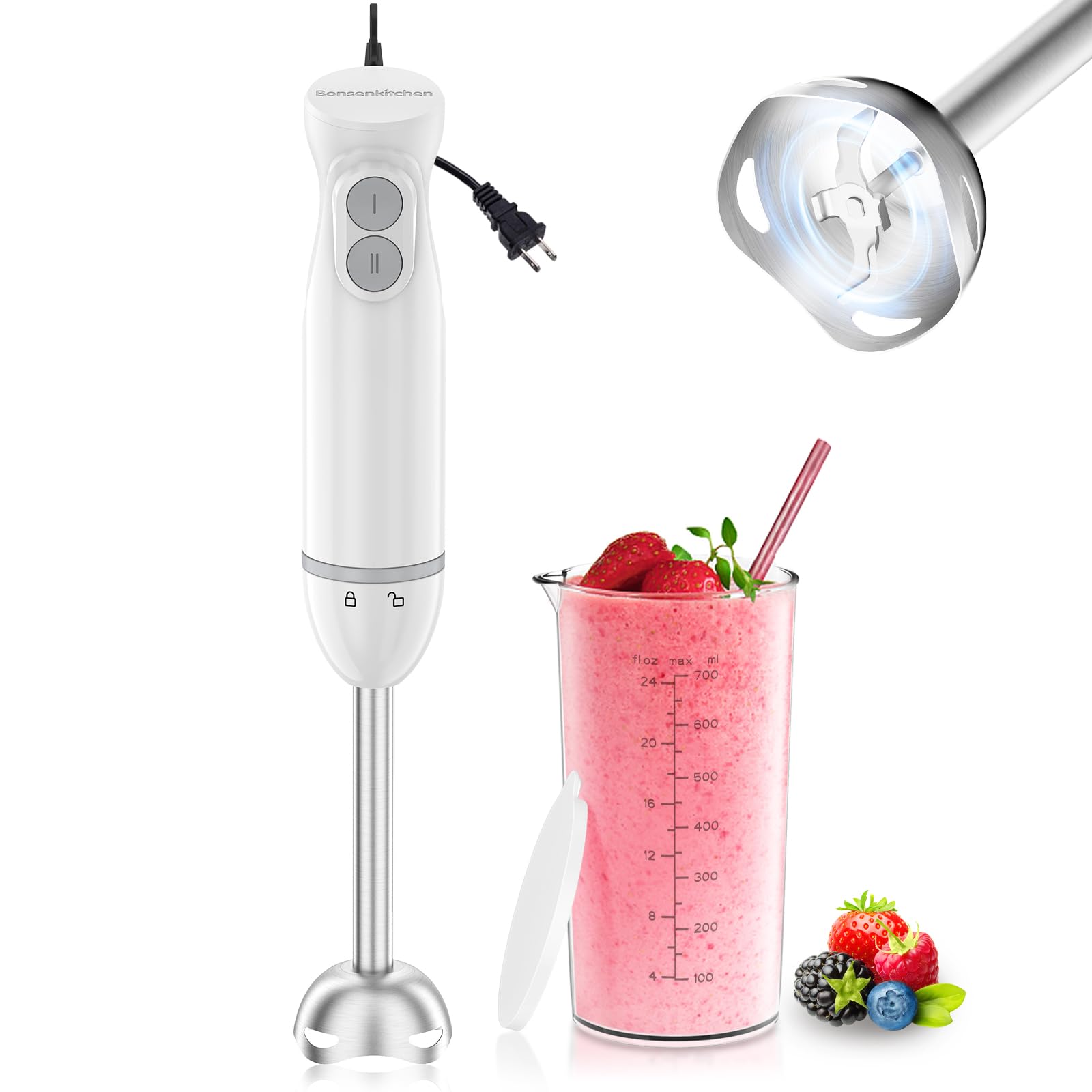 Bonsenkitchen Hand Blender, Electric Hand Blender, Infinitely Variable Speeds, Stainless Steel, 700 ml Measuring Cup, HB3208 (White)