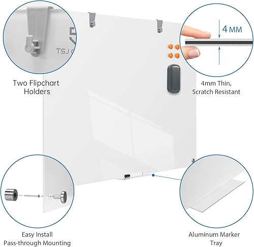 Miniatura 3 de TSJ OFFICE Pizarra de cristal de borrado en seco, 36 x 24 pulgadas, pizarra blanca magnética de vidrio brillante, montada en la pared, pizarra