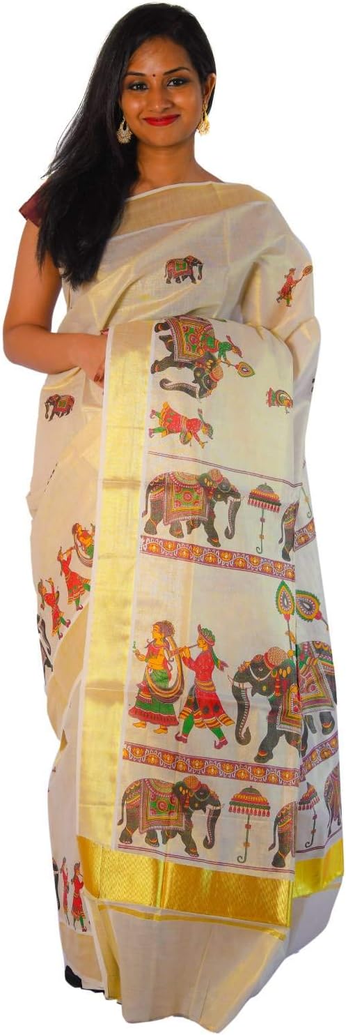 Southloom Women's Kasavu Cotton Saree with Blouse Piece (VIKPPLCT-397FP, Gold)