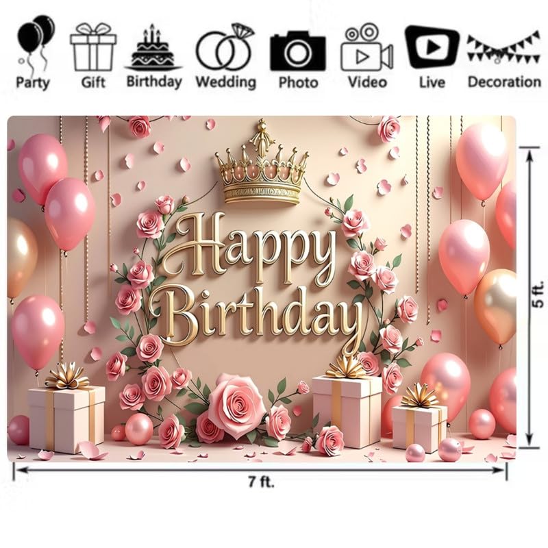 Image of Floral Rose Gold Birthday Backdrop - Elegant Theme for Party Decoration & Photoshoots (Pack of 1)