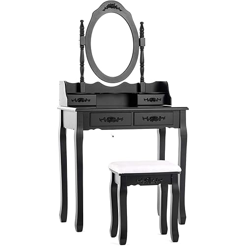 Mecor Vanity Table,Makeup Dressing Table with Oval Mirror,Bedroom Vanity Set w/Cushioned Stool 4 Drawers Women Girls Kids Black