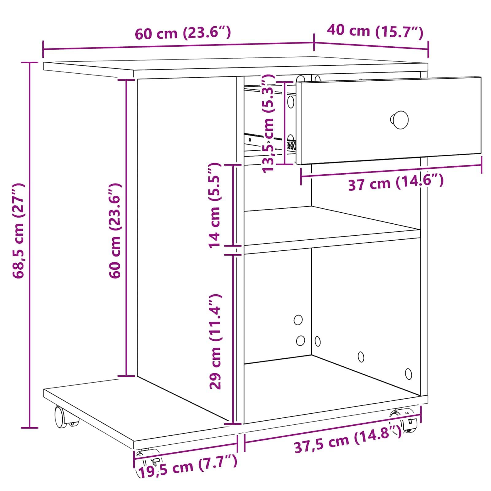 Druckerständer Kunsthandwerk Eiche mit Rollen, Holzwerkstoff, 60 x 40 x 68,5 cm, Schubladen und Ablage für Drucker, Kopierer, Scanner, Fax, Homeoffice und Büroorganisation