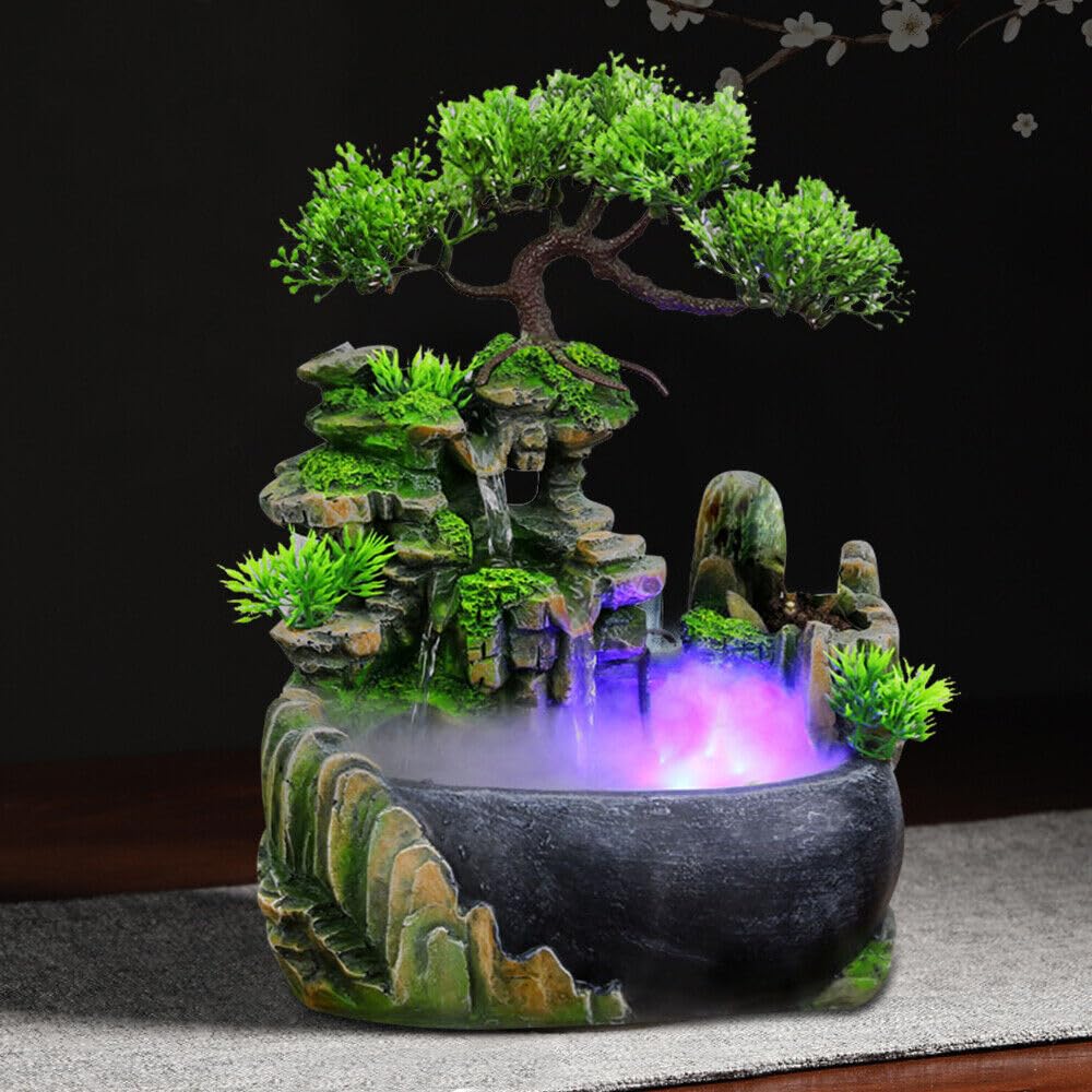 Fuente de interior con iluminación LED, fuente de mesa con cascada y niebla, cascada para interiores, en piedra, para casa, dormitorio, escritorio, decoración 28 x 20 x 15 cm