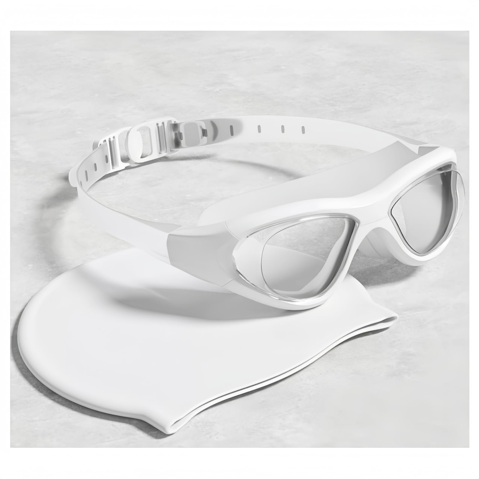 Yuziwi Swimming Goggles with Prescription 0-6.0 | Anti-Fog Coating | Panoramic Vision & Soft 3D Seal for Pool, Lake and Sea (-4.5, Transparent White + Swimming Cap)