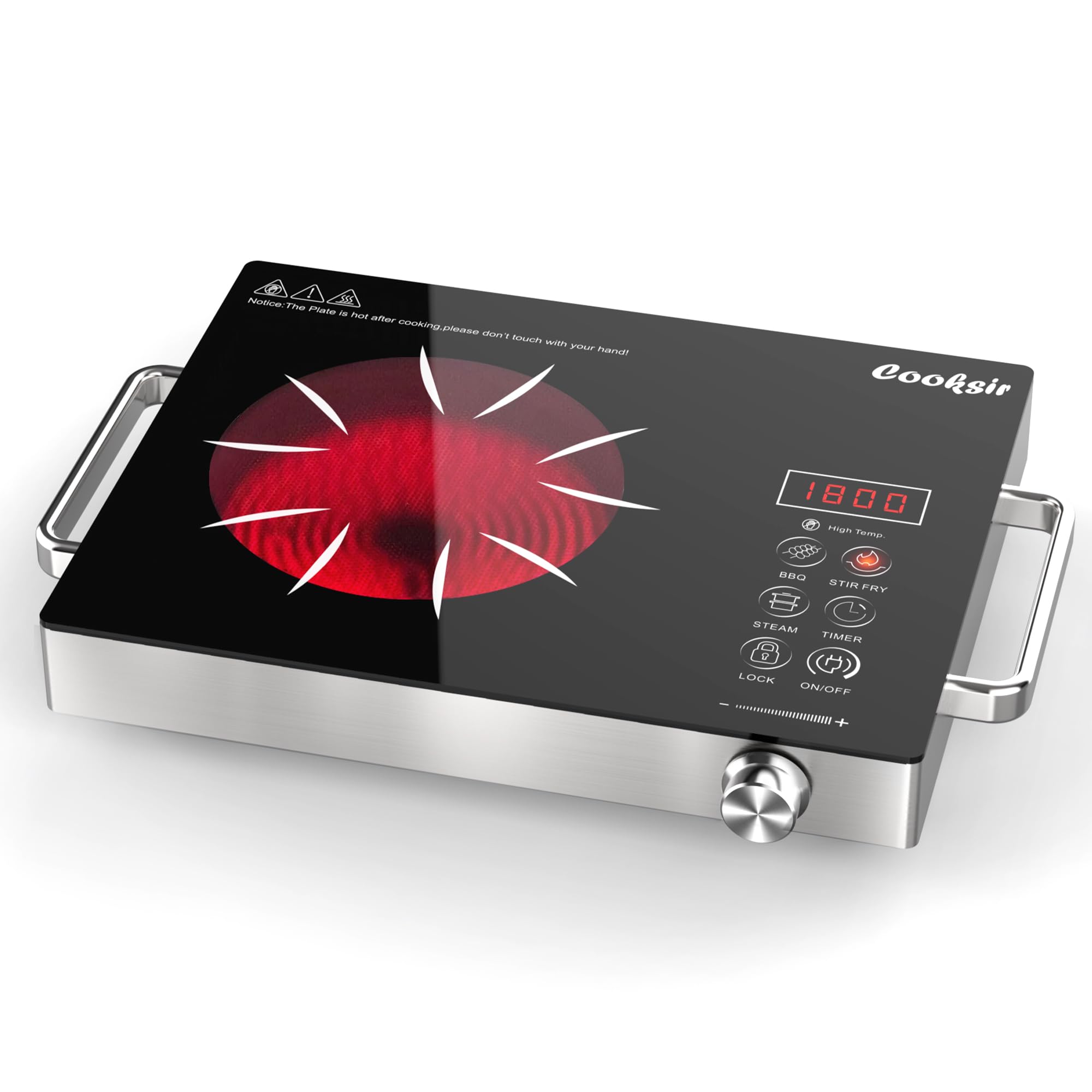 Cooksir Placa vitroceramica 1 fuego con enchufe, 2000W, vitrocerámica portátil, botón giratorio, cocina de cerámica para todas las ollas