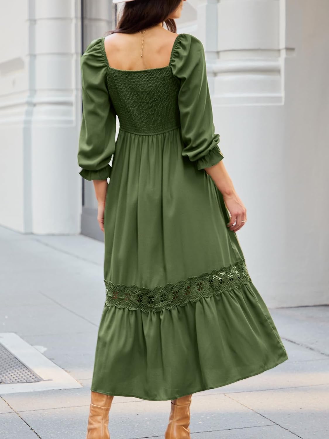 CUPSHE Womens Fall Dresses 2025 Square Neck Smocked Long Sleeve Ruffled Lace Long Formal A Line Maxi Wedding Guest Dress - Image 3