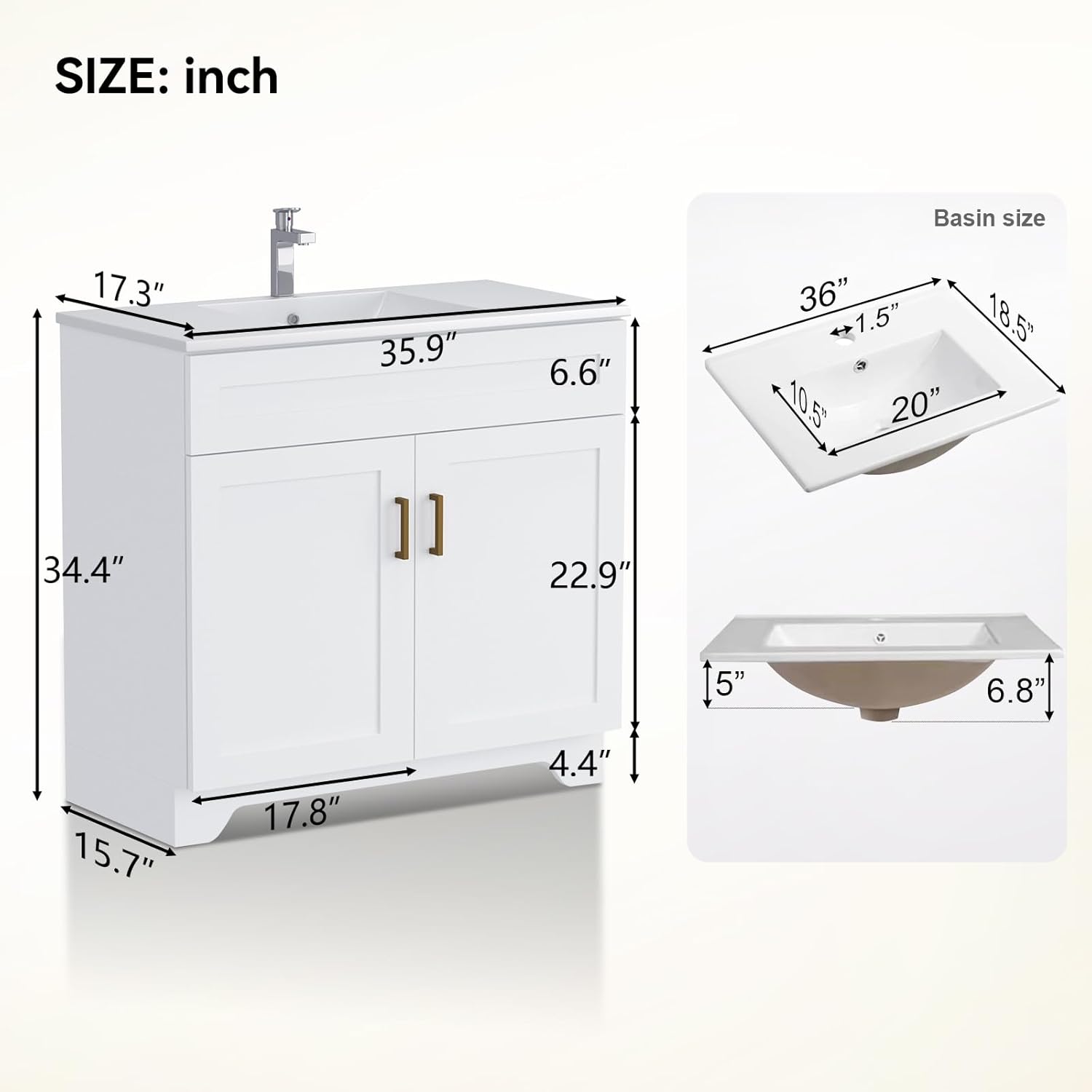 Bathroom Vanity, 36 Inch Bathroom Vanity with Sink, Freestanding Vanity with Sink and 2 Soft Closing Doors, Modern Bathroom Sink Cabinet (Paint, White, 36")