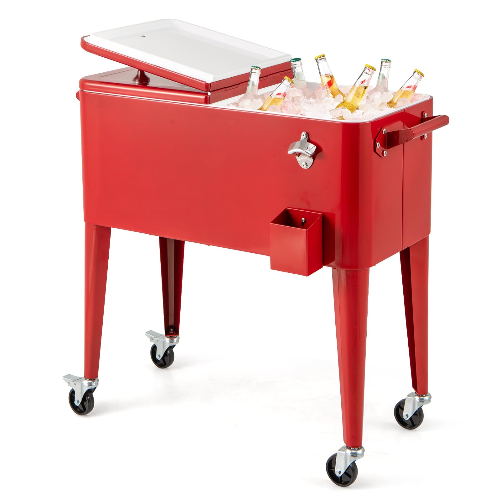 GYMAX Contenitore per ghiaccio da 80 litri, portatile, con ruote di bloccaggio, ripiano inferiore, apribottiglie, acchiappa tappi, per feste all'aperto, piscina, bevande