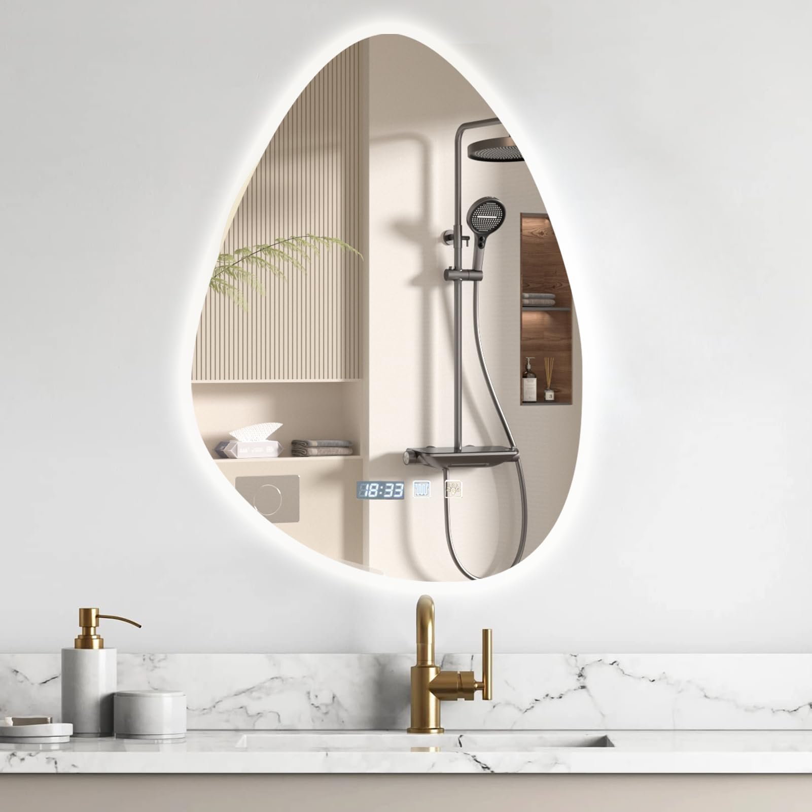 papasbox Specchio da bagno con illuminazione dimmerabile (3000K, 4000K, 6500K) con interruttore touch, antiappannamento, impermeabile IP44, a forma di goccia, 500 x 700 mm