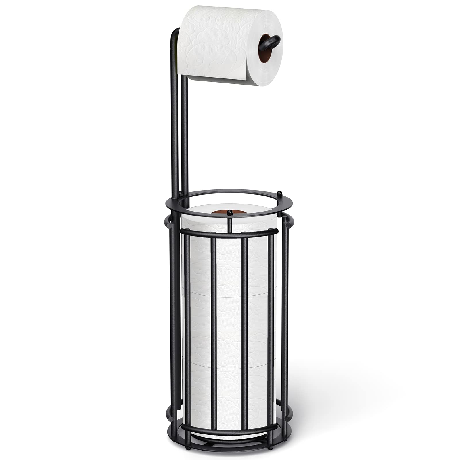 Meangood Supporto porta carta igienica e dispenser per rotoli di carta igienica per 4 rotoli mega, supporto per rotolo di carta igienica autoportante da bagno, rimovibile (nero)