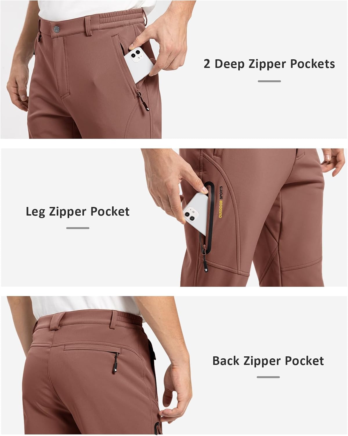 TBMPOY Men's Snow Pants Fleece Lined Hiking Winter Waterproof Softshell Ski Outdoor Insulated Climbing Pants Zipper Pockets - Image 5