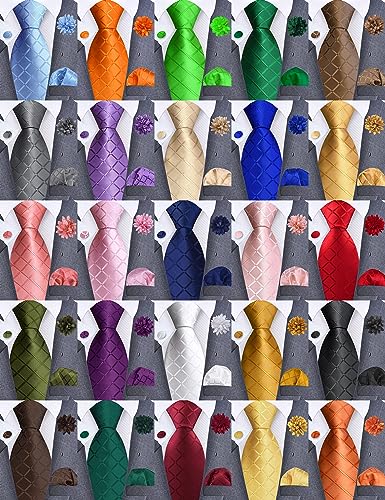 Image of GUSLESON 3.15 inch（8cm） Mens Tie and Lapel Pin Plaid Checkered Necktie Hankerchief Cufflinks Set for Men