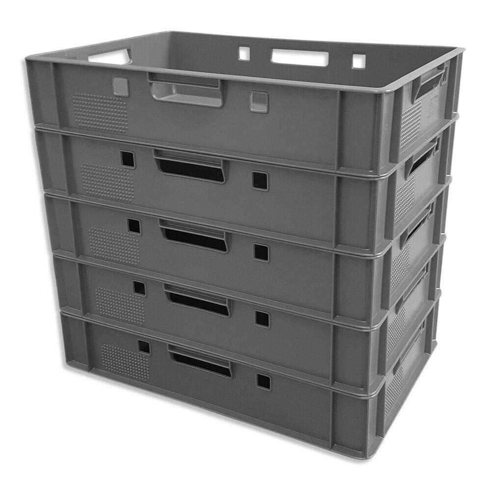 5er Set E1-Kiste Eurobox Metzgerkiste Lagerbox 60x40x12,5 cm stabil für Lebensmittel geeignet (grau) | stapelbar, Lagerbox, Kunststoff, Transportbehälter, Normmaß, belastbar, vielseitig, Lebensmittel, langlebig