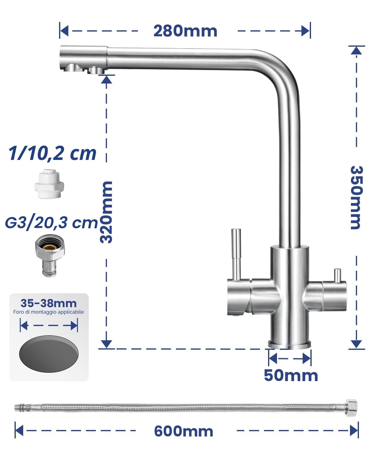 Rubinetto Cucina 3 Vie per Depuratore, Rubinetto Lavello Cucina Con 2 Leve, Miscelatore Cucina con Acqua Calda, Fredda e Acqua Purificata, Miscelatore 3 Vie Acciaio Inossidabile Spazzolato
