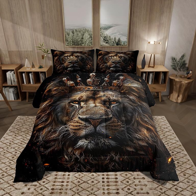 Castle Fairy 3D Lion Comforter Set Queen Size Wild African Animal Bedding Set Bedroom Decor Golden Glitter Crown Quilt Set Comfortable and Breathable Luxury Black Duvet Insert with 2 Pillowcases